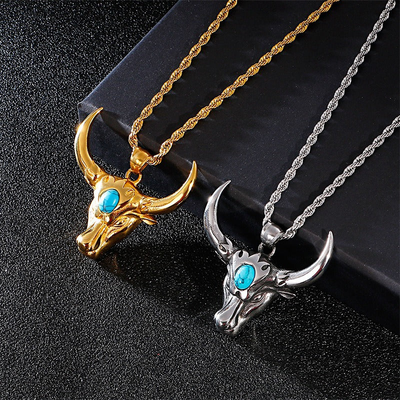 Kemstone Bull Horn Design Turquoise Titanium Punk Necklace - Stainless Steel Men's Accessories KP81530-K