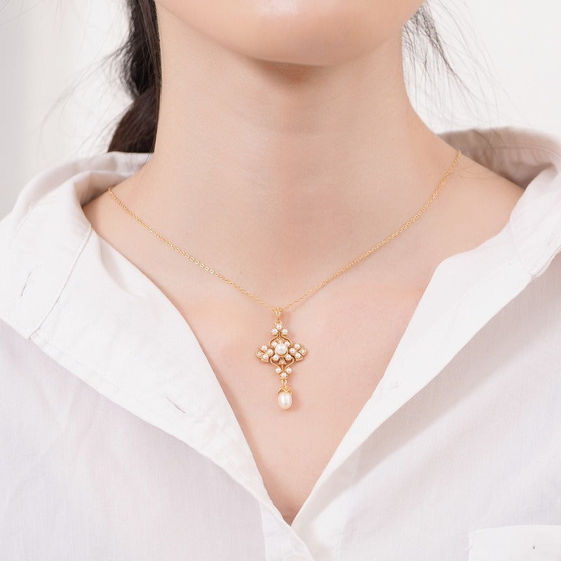 Kemstone Handcrafted Original Design Vintage-Inspired Freshwater Pearl Pendant Necklace, S925 Sterling Silver with 9K Gold Plating