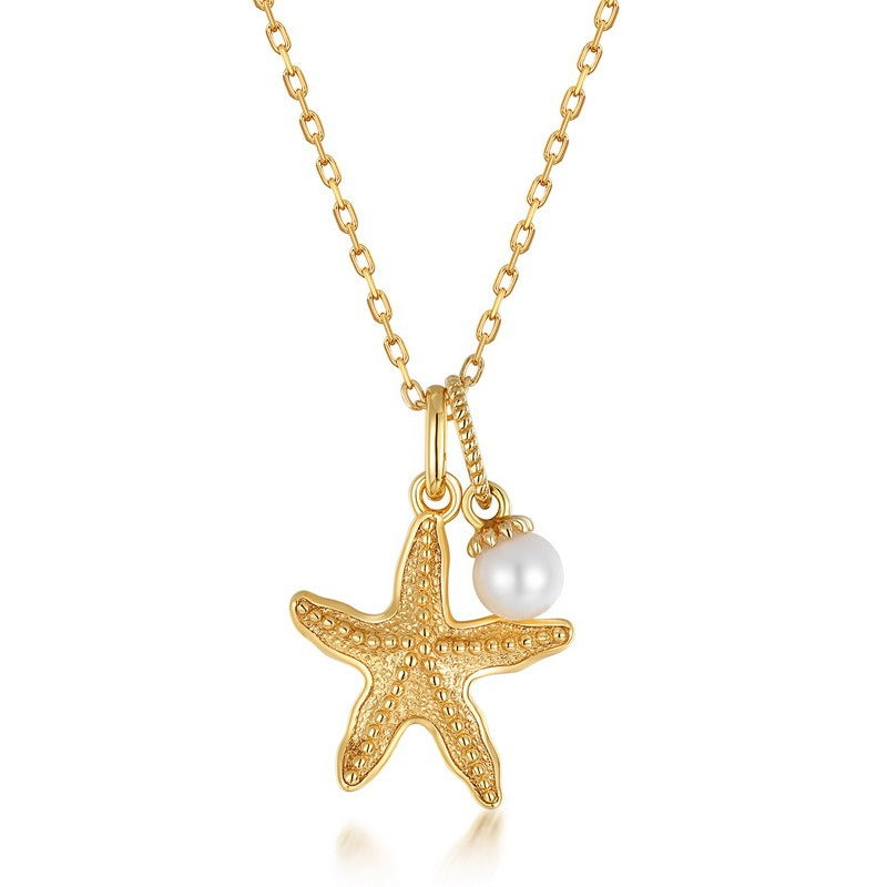 Kemstone Handcrafted Original Design Summer New Starfish Necklace for Women - S925 Silver with 9K Gold Plated and Natural Freshwater Pearl,18"