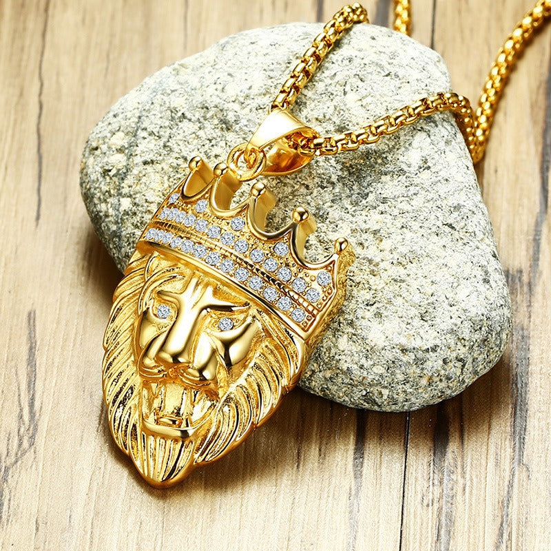 Kemstone Lion Head Pendant Necklace for Men Stainless Steel Gold Plated Crown Detail PN-1028