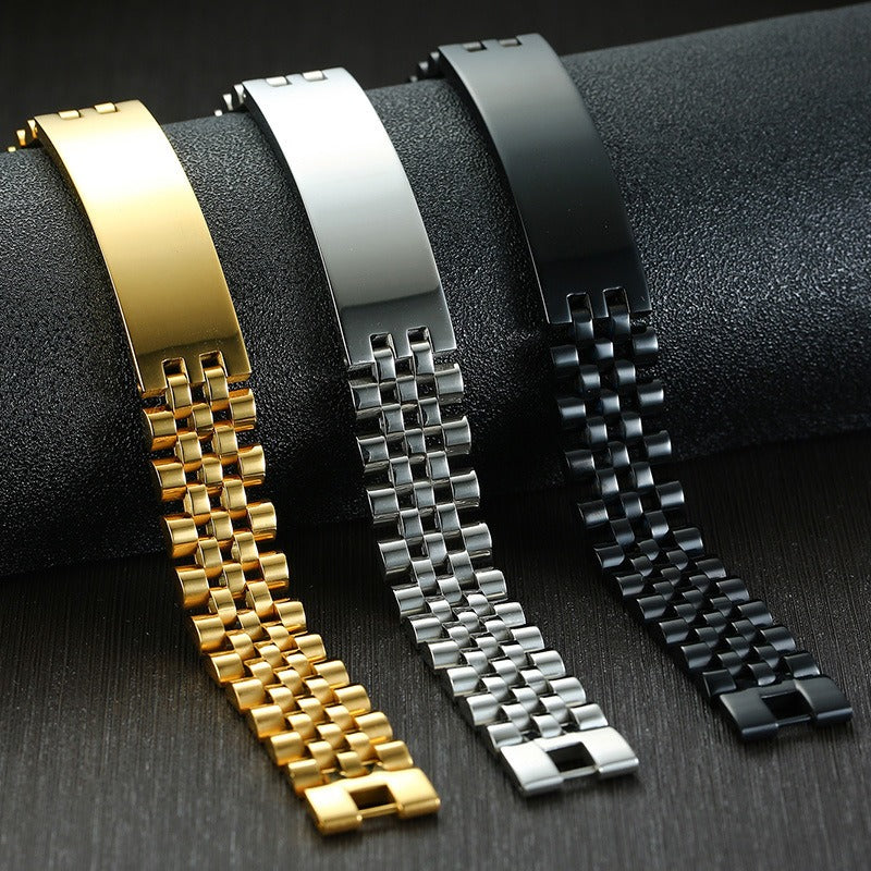 Kemstone Stainless Steel ID Bracelet – Heavy Chain 21.5cm, Gold/Silver/Black, High Polish Engraving Plate BR-697