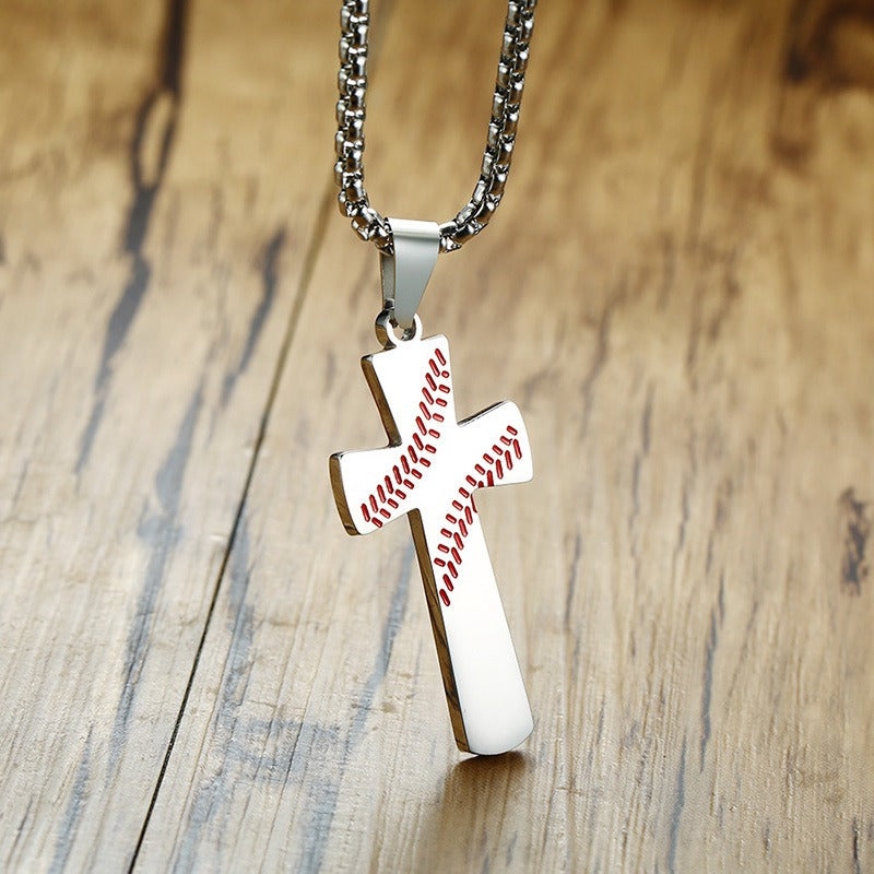 Kemstone Stainless Steel Baseball Cross Pendant Necklace for Men Stitch Detail PN-1083