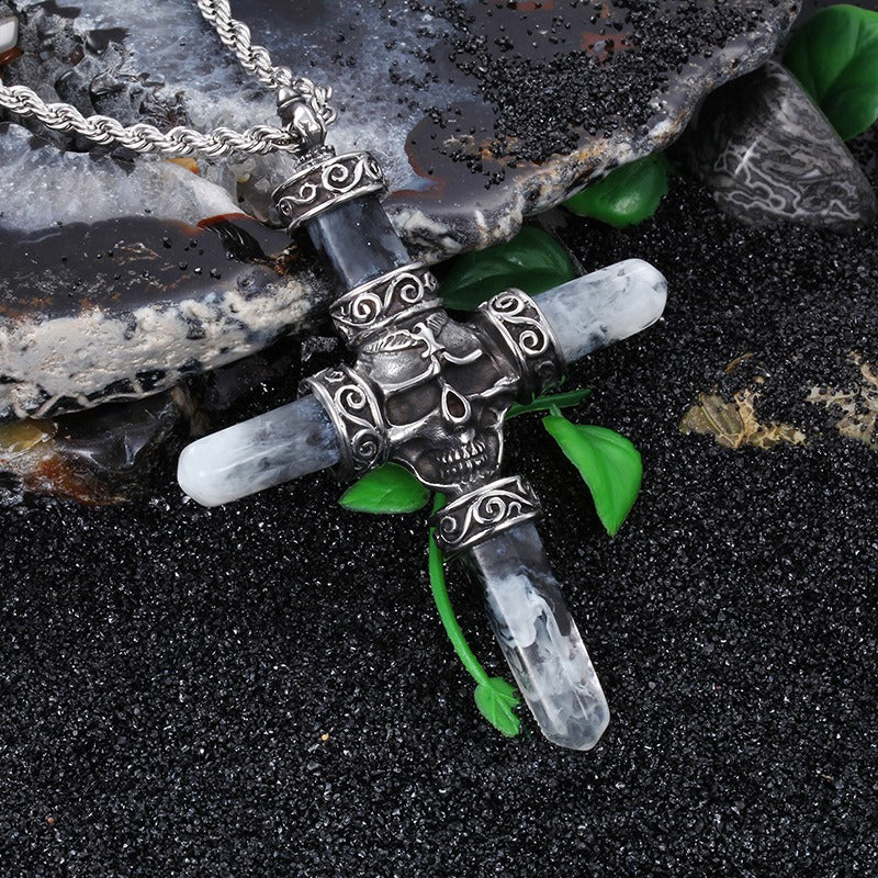 Kemston Titanium Steel Skull Cross Pendant Necklace for Men Gothic Resin Inlay Chain KP42893-BD