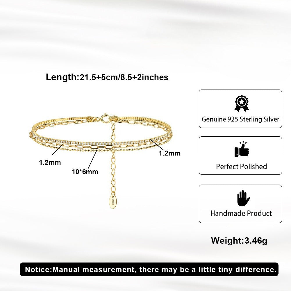 Kemstone 925 Sterling Silver Layered Tennis Anklet for Women Multi Chain Gold Silver SA104