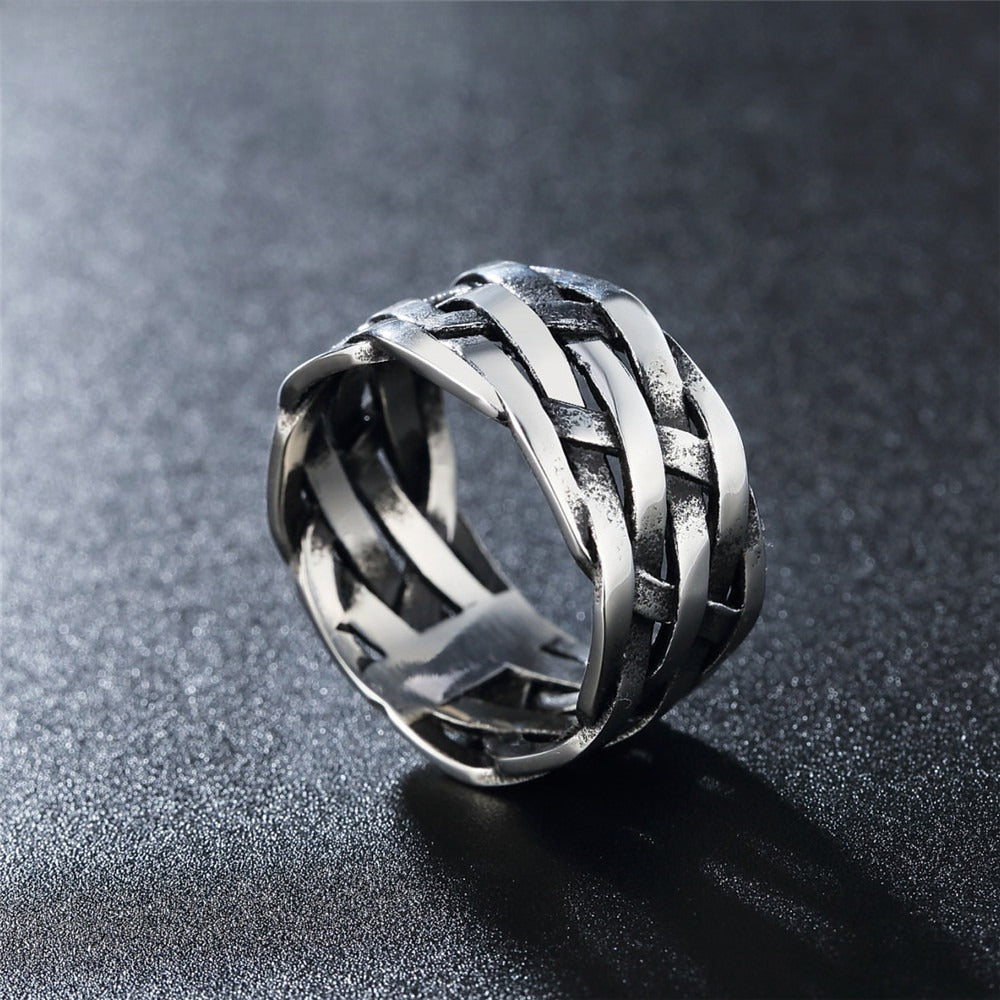 Kemstone Woven Ring for Men Titanium Steel Wide Band Textured Vintage R0742
