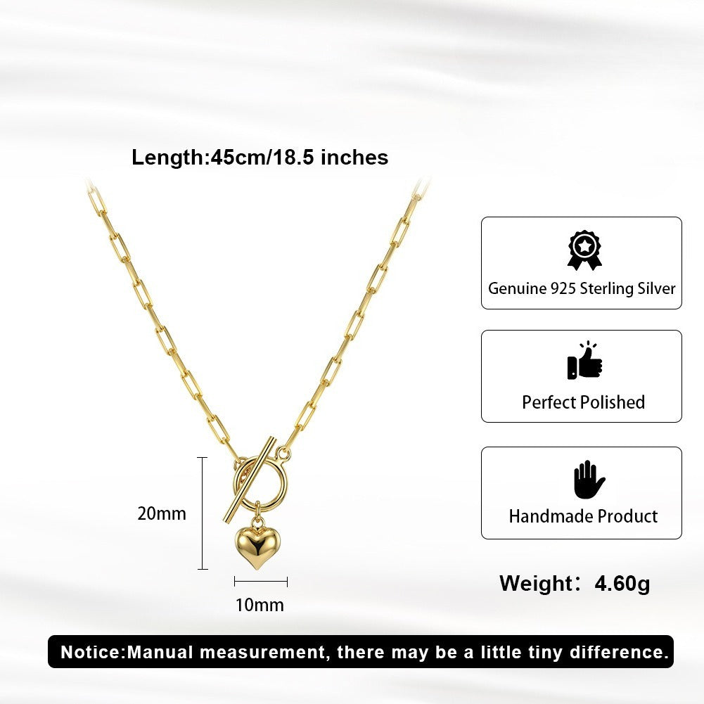 Kemstone Toggle Clasp Necklace for Women 925 Sterling Silver Chain with Heart Charm Gold Silver SC97