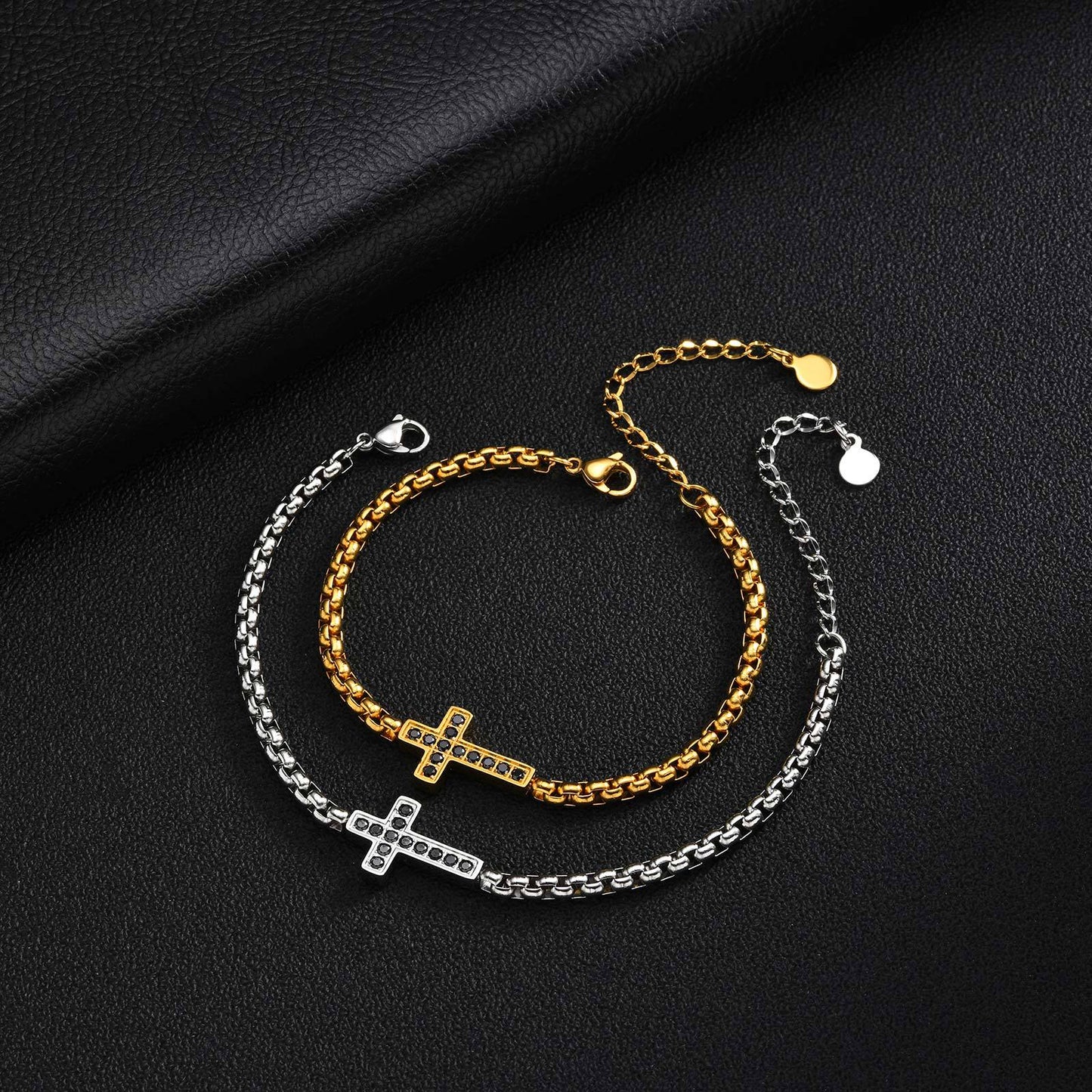 Kemstone Stainless Steel Cross Bracelet for Men Black Cubic Zirconia Box Chain BR-2766