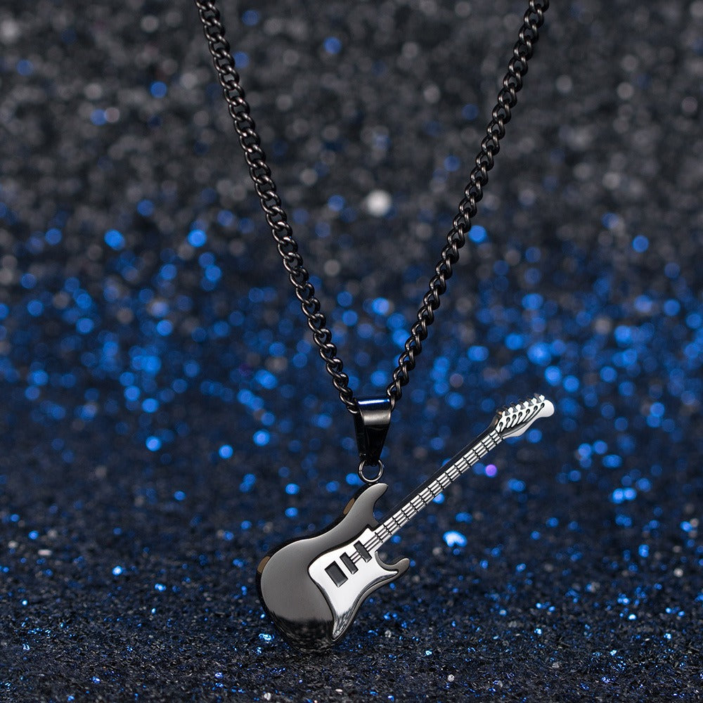 Kemstone Stainless Steel Electric Guitar Pendant Necklace for Men – 60cm Chain, Silver Gold Black K-PT147