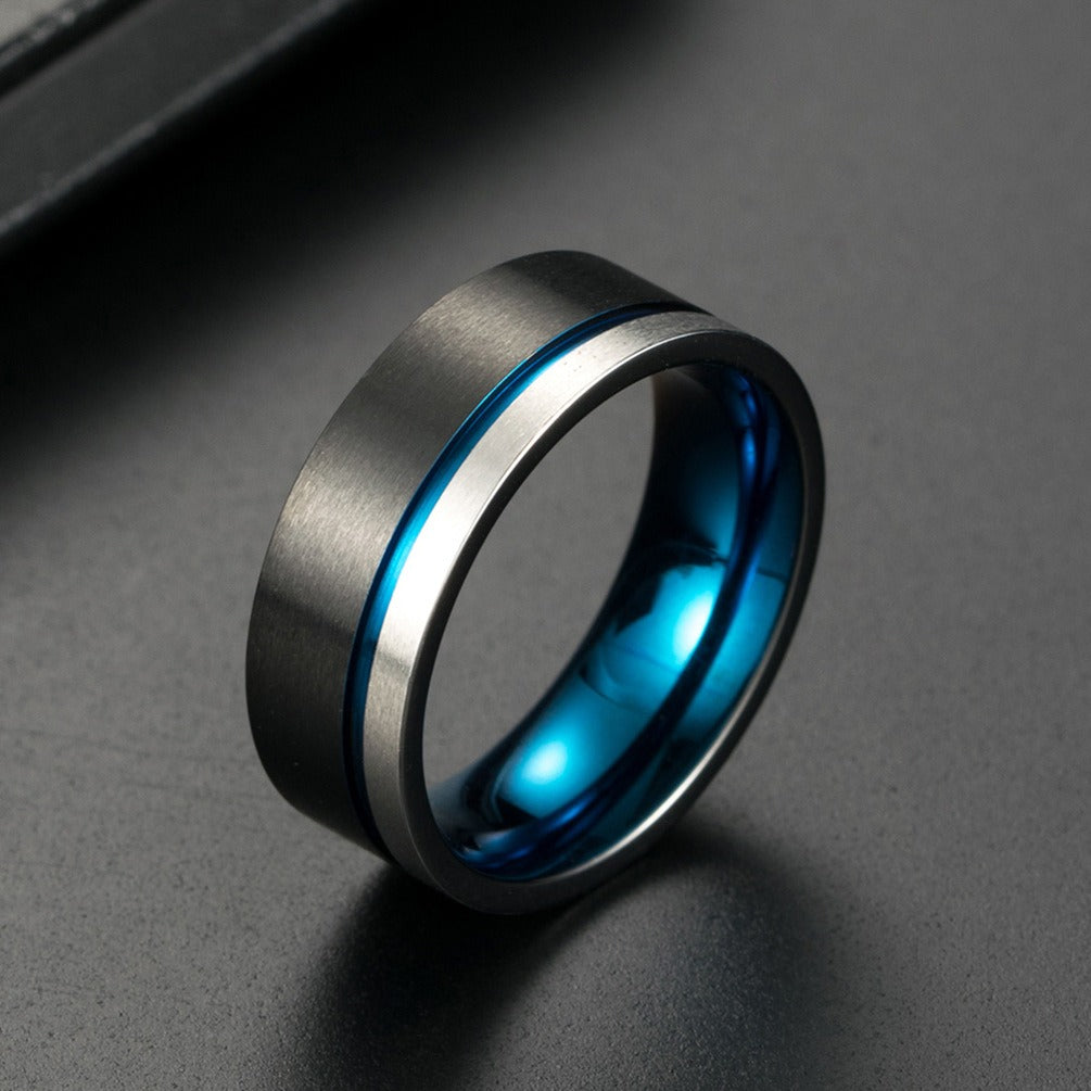 Kemstone Titanium Steel Black Ring with Blue Inner Band for Men K-R237