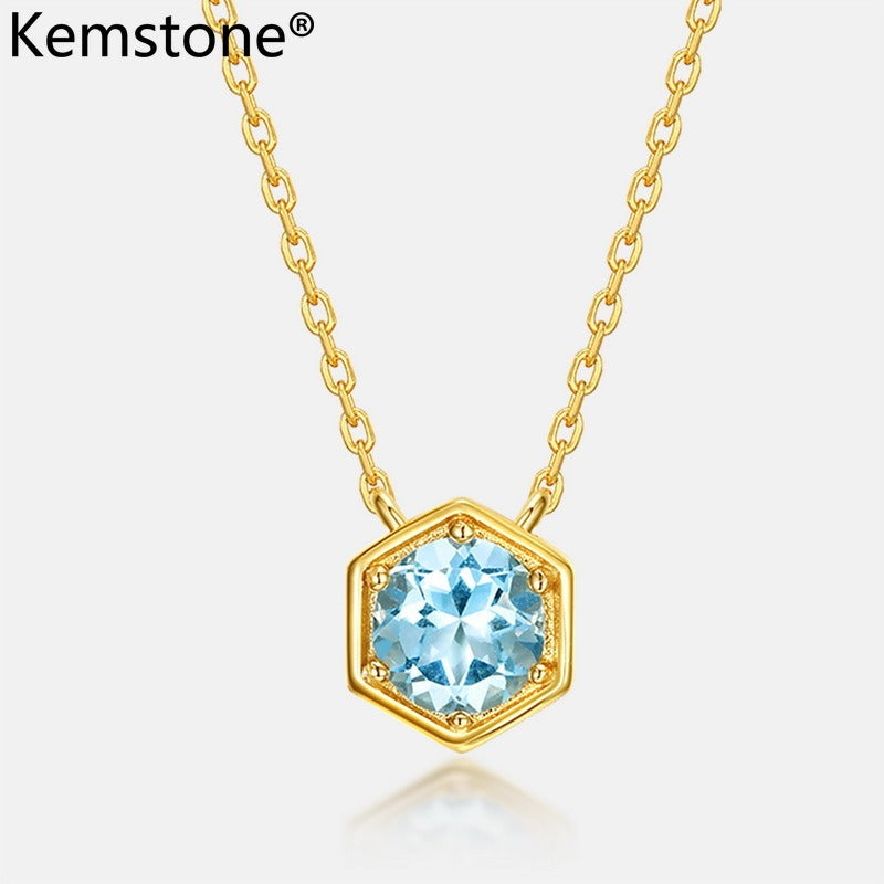 Collar de aguamarina elegante, diseño original y artesanal de Kemstone, plata de ley 925 con baño de oro de 10 quilates, colgante minimalista de diseño para un estilo OL moderno, cadena de 45 cm.