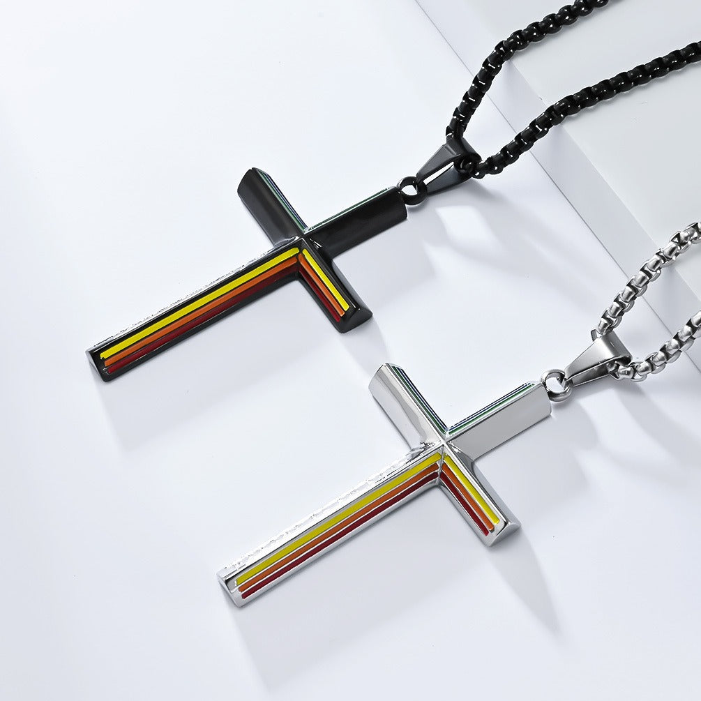 Kemstone Stainless Steel Rainbow Line Cross Pendant Necklace for Men Women K-PT524