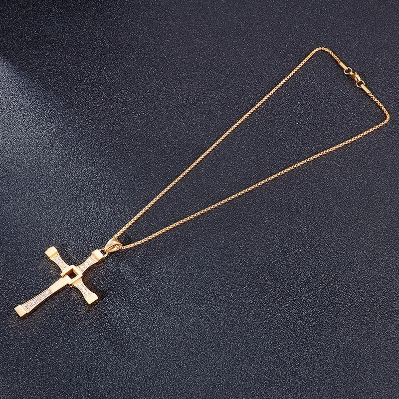 Kemstone Stainless Steel Hollow Moving Cross Pendant Necklace for Men Cubic Zirconia Inlay KP40312-K