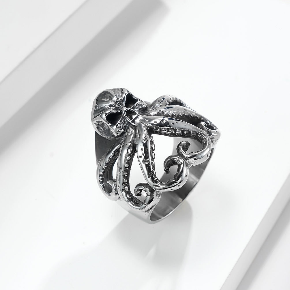 Kemstone Octopus Relief Stainless Steel Ring for Men – Vintage Oxidized Texture KR590