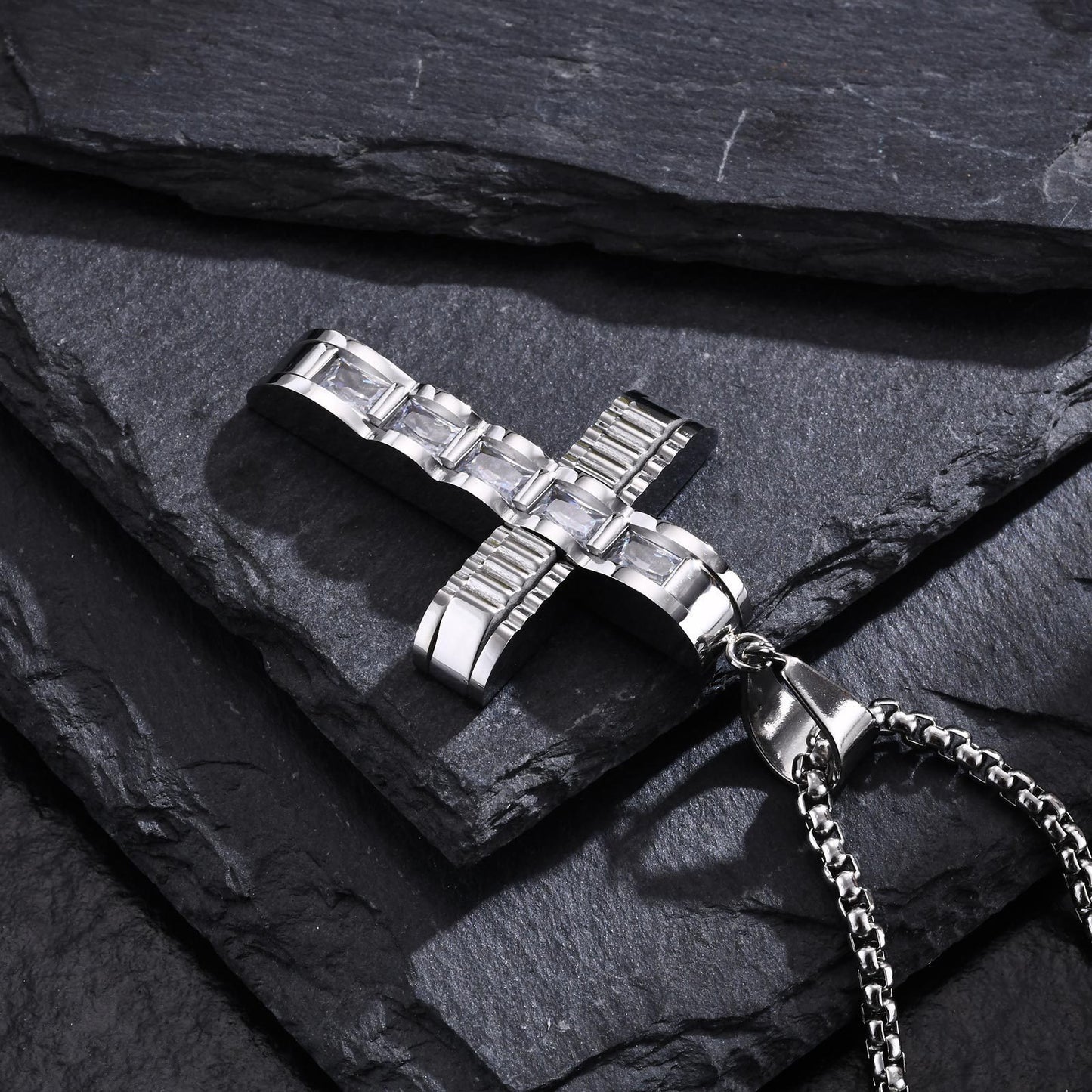 Kemstone Stainless Steel Cross Pendant Necklace for Men Square Cubic Zirconia Silver PN2058