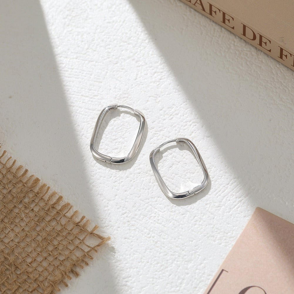 Square Hoop Earrings – 925 Sterling Silver Geometric Minimalist Handmade Jewelry for Women, Polished Lightweight Silver, 29.5x19mm  A4-GAE11