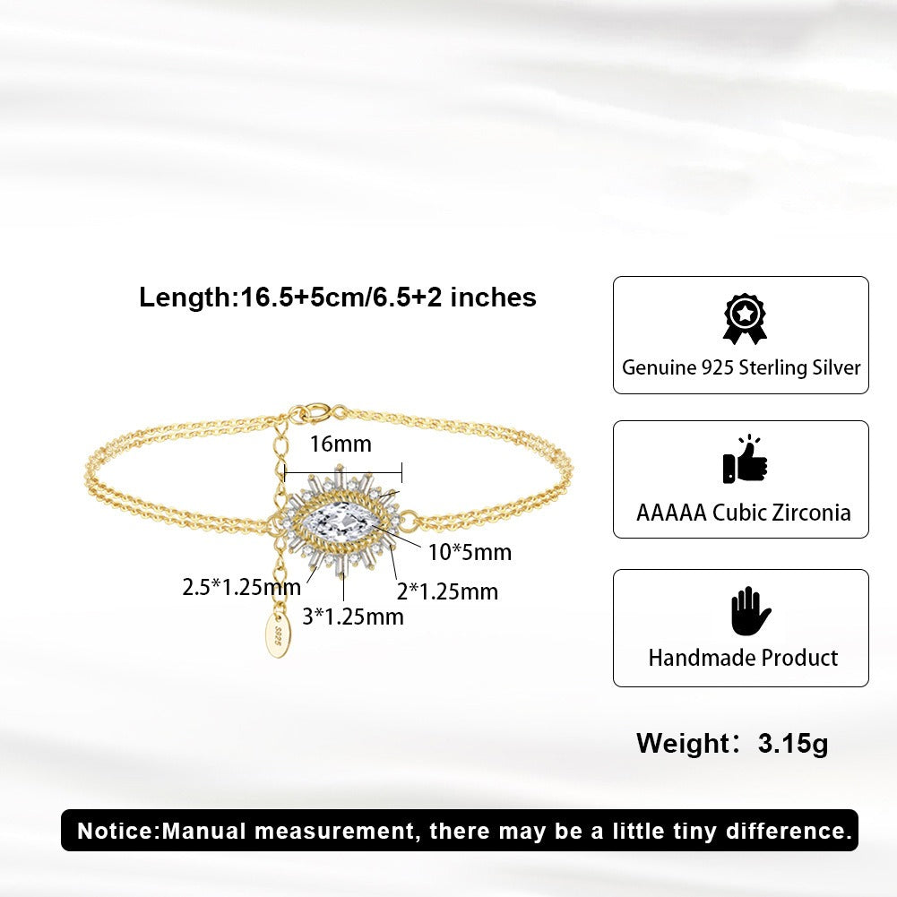 Kemstone 925 Sterling Silver Marquise Eye Bracelet for Women Layered Cubic Zirconia Chain SB146