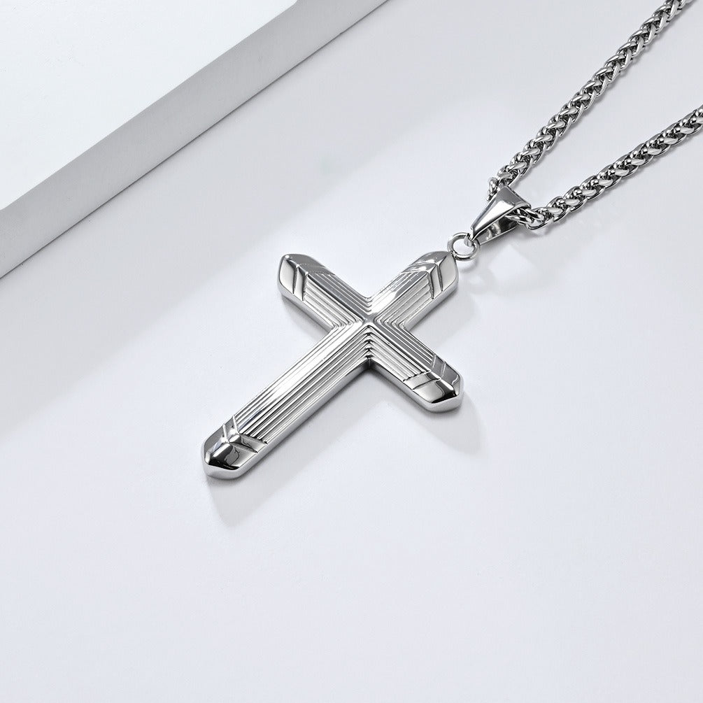 Kemstone Stainless Steel Cross Pendant Necklace for Men – Engraved Line Relief, Silver Gold Black K-PT588