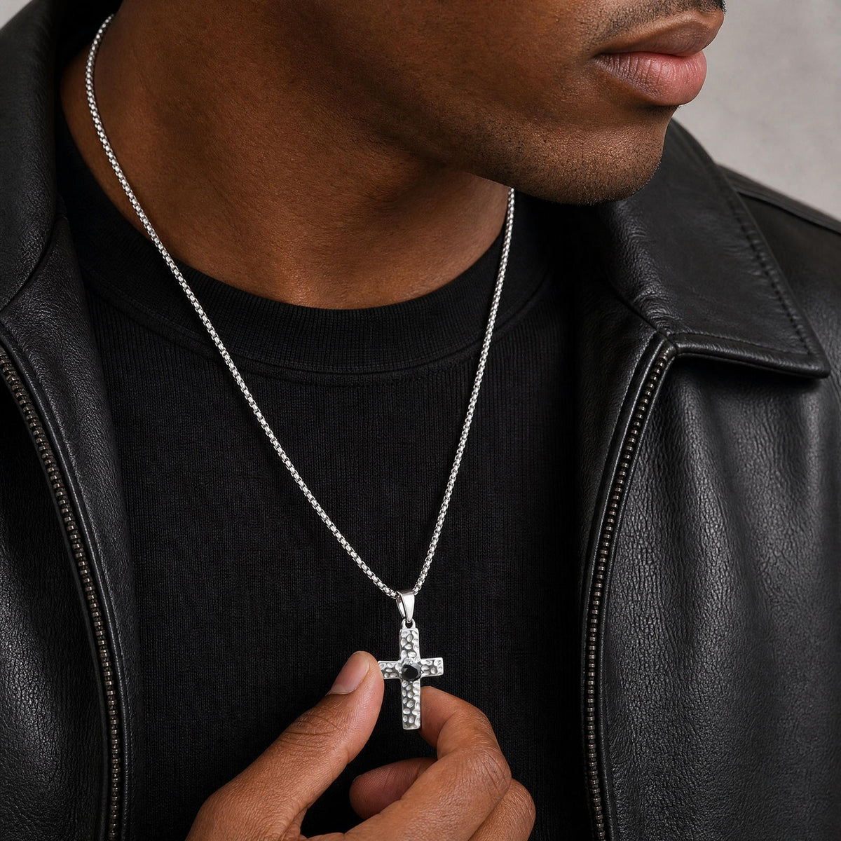 Kemstone Stainless Steel Hammered Cross Necklace for Men Cubic Zirconia Center PN-247