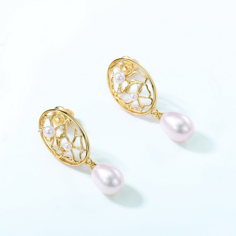 Pendientes largos de perlas de plata S925, elegantes y originales, hechos a mano por Kemstone - Diseño hueco de lujo