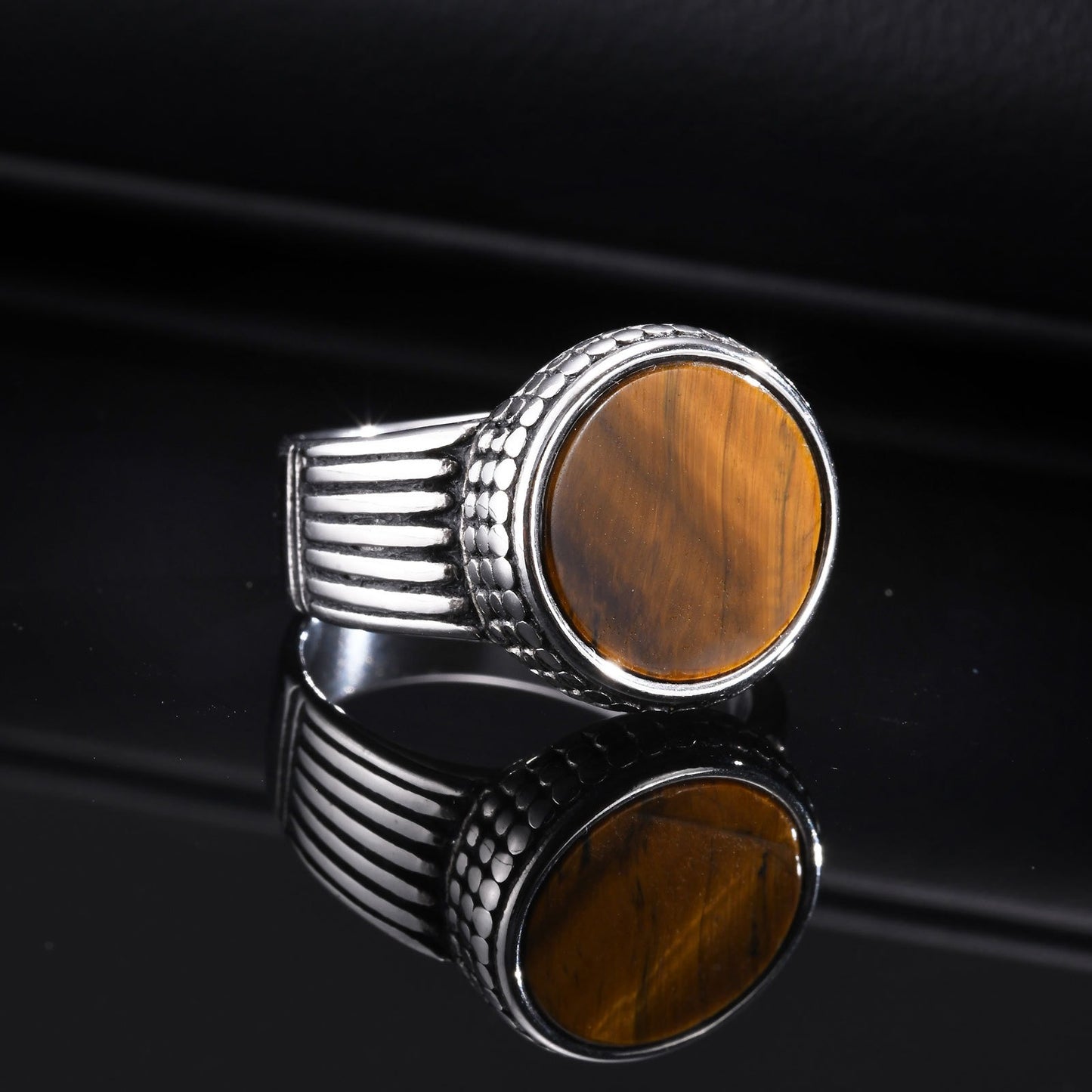 Kemstone Stainless Steel Tiger Eye Ring for Men – Vintage Oval Inlay RC-724