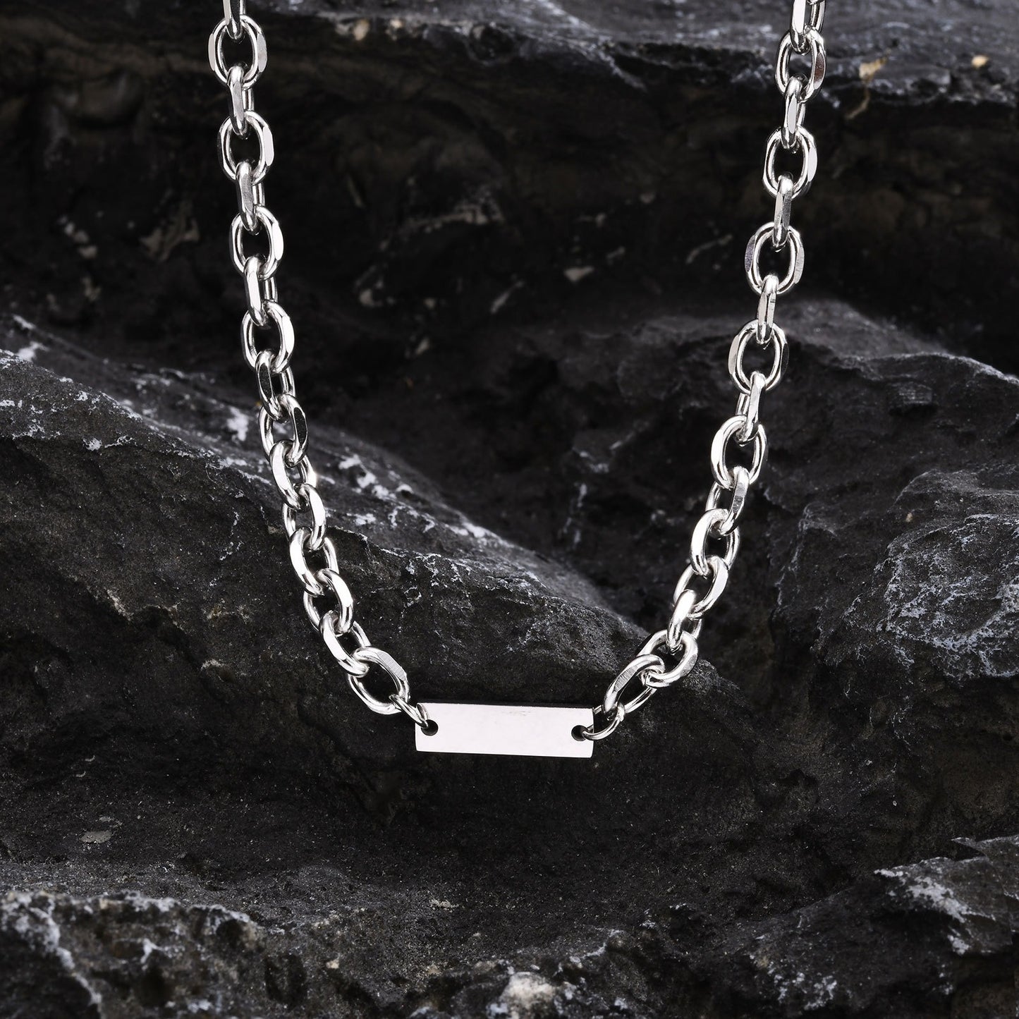 Kemstone Stainless Steel Rectangle Plate Chain Necklace for Men – Minimal Silver NC-1899