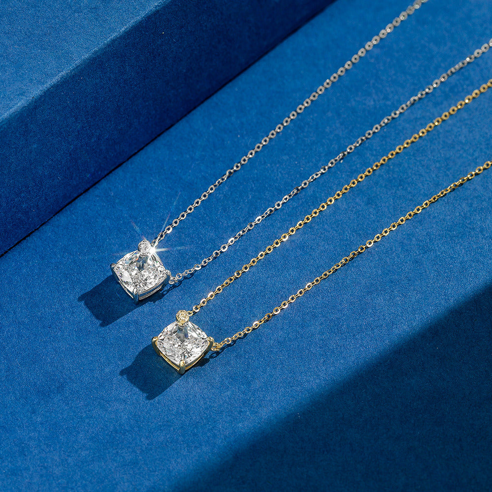 Kemstone 925 Sterling Silver Cushion Cut CZ Pendant Necklace for Women, 8mm Dainty Gold Plated Clavicle Chain A4-LZN29