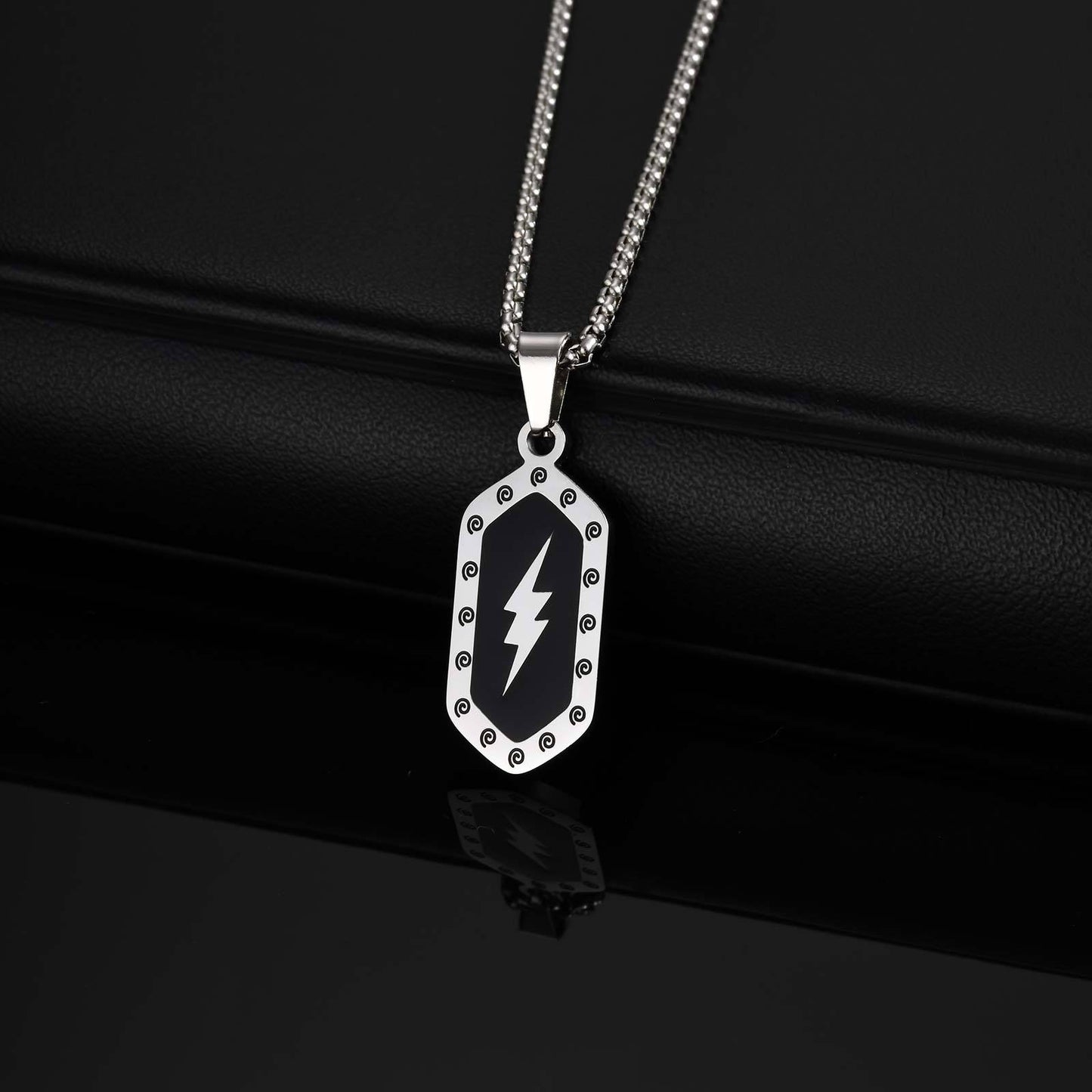 Kemstone Stainless Steel Lightning Bolt Pendant Necklace for Men Black Hexagon Accent PN-2161