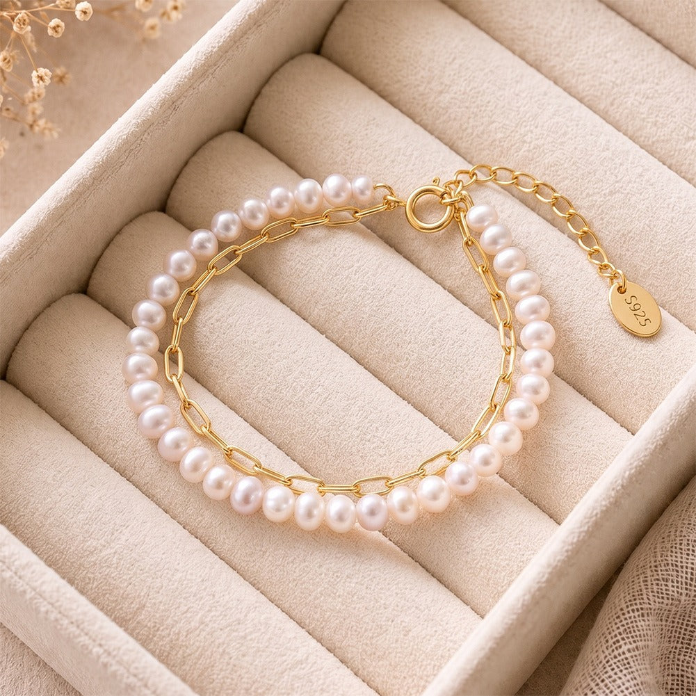 Kemston Double Layer Freshwater Pearl Bracelet for Women 925 Sterling Silver 14K Gold Plated GPB66