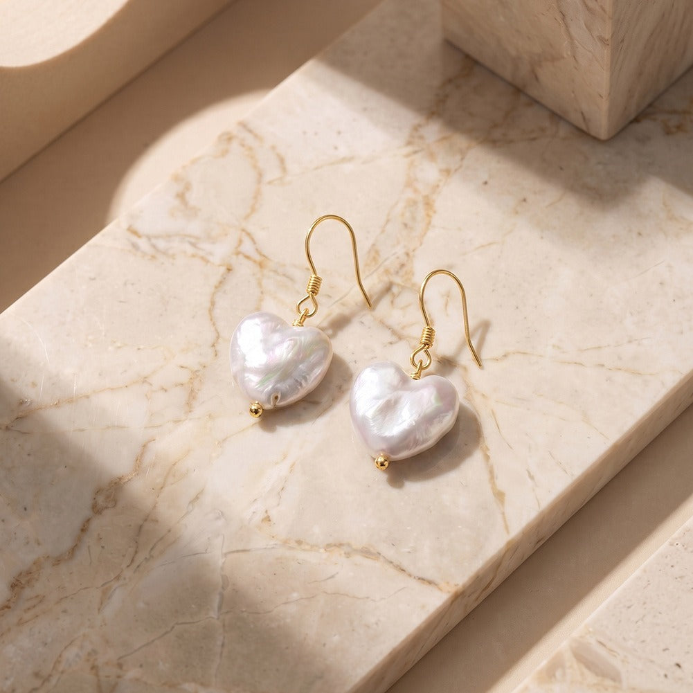 Kemston Baroque Heart Freshwater Pearl Drop Earrings for Women 925 Sterling Silver Gold Tone GPE142