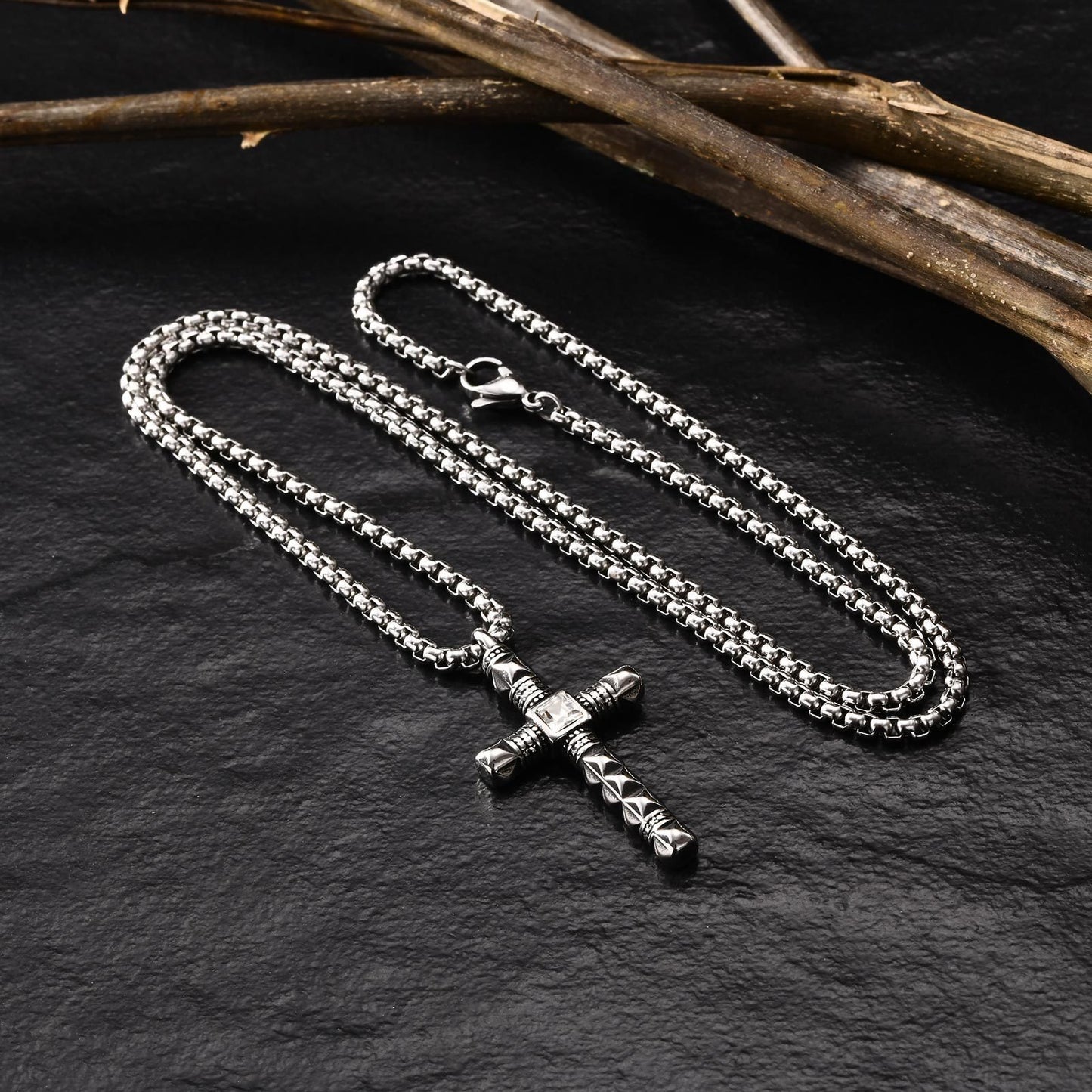 Kemstone Stainless Steel Cross Pendant Necklace – Cubic Zirconia Detail for Men PN2091