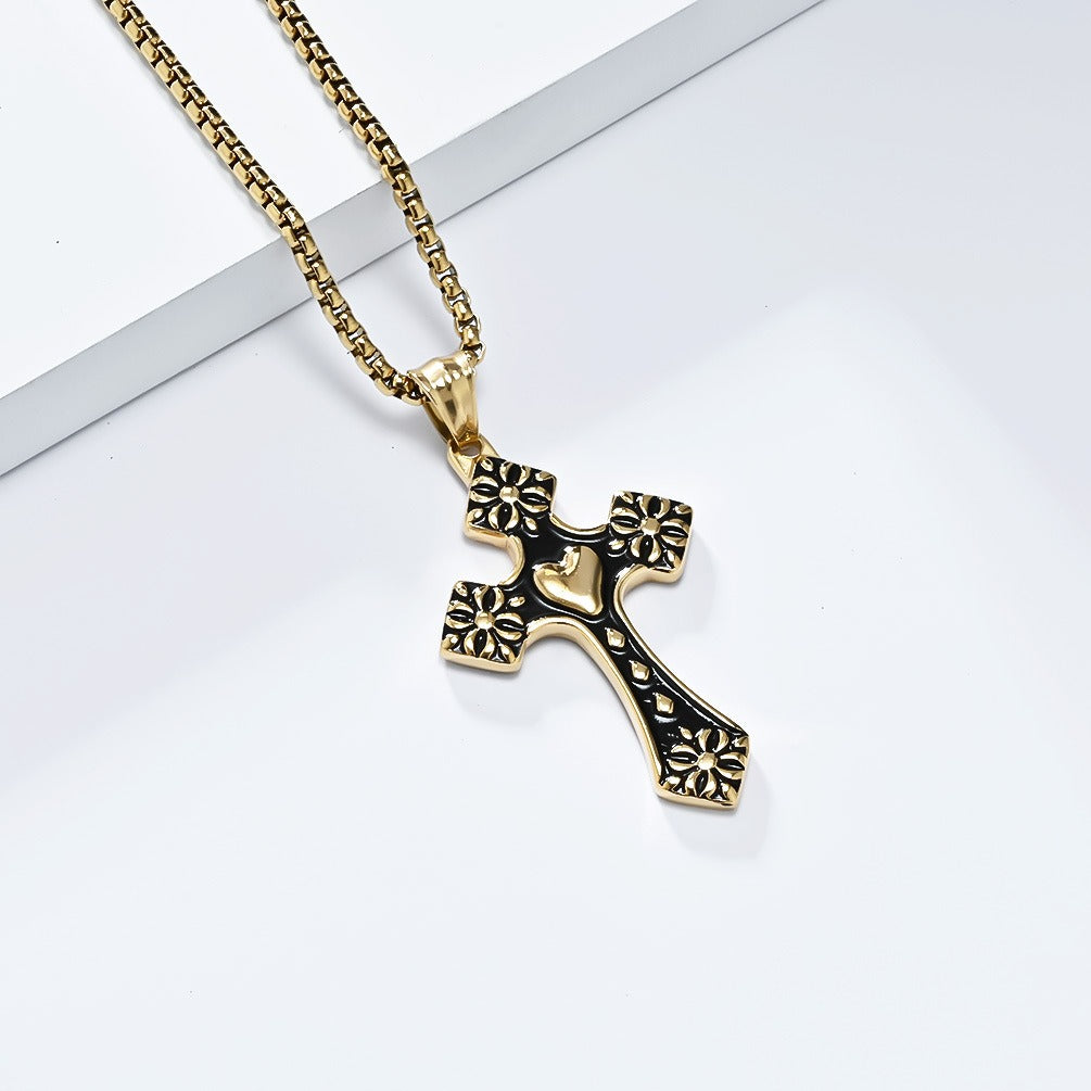 Kemstone Stainless Steel Heart Cross Pendant Necklace for Men Vintage Black Silver K-PT568