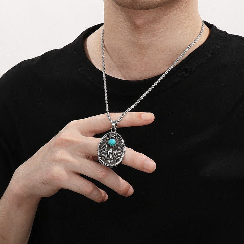 Kemstone Turquoise Eagle Amulet Necklace – Tribal Cross & Evil Eye Pendant for Men, Gothic Streetwear Jewelry KP100398