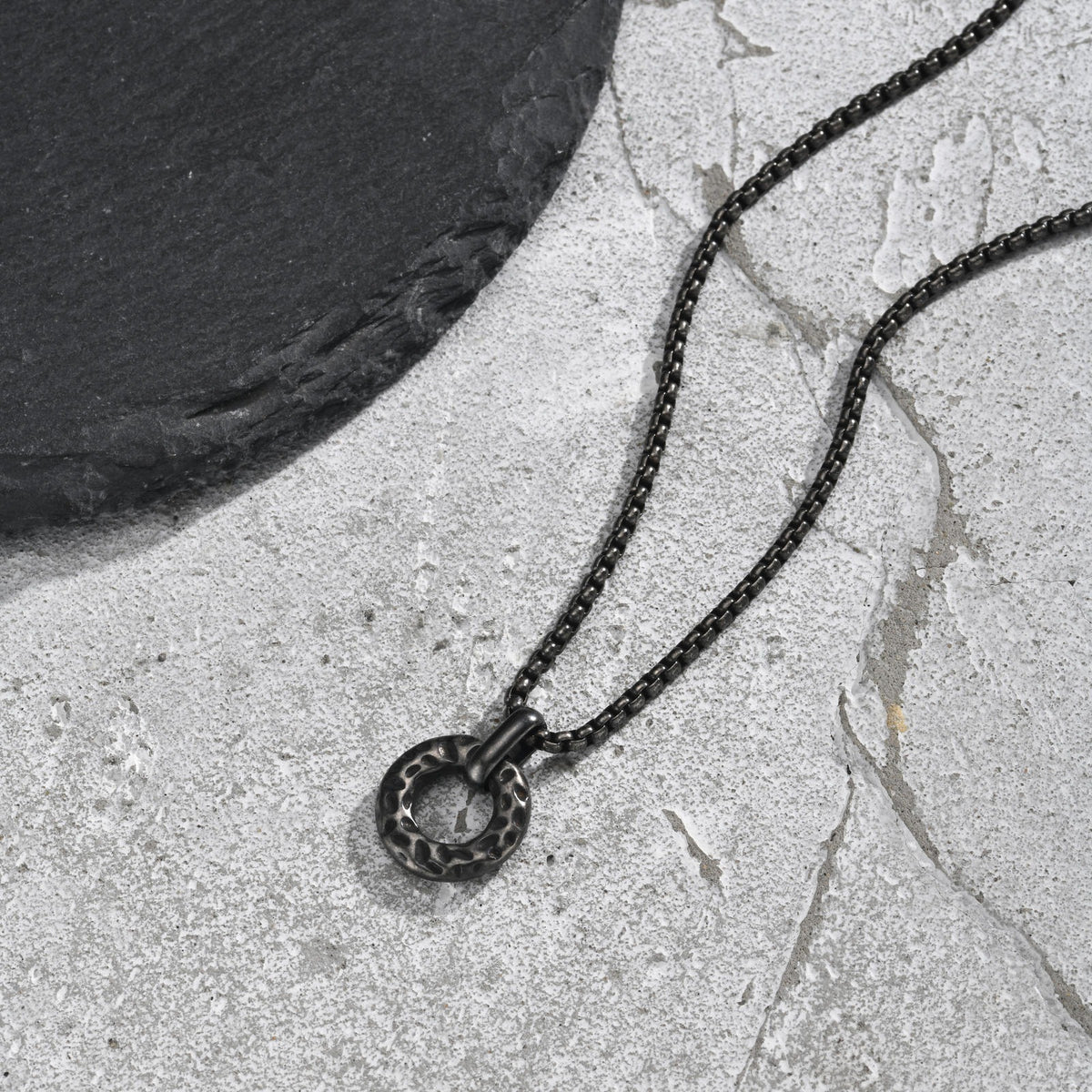 Kemstone Hammered Circle Pendant Necklace for Men Stainless Steel Vintage Gray NC-3011