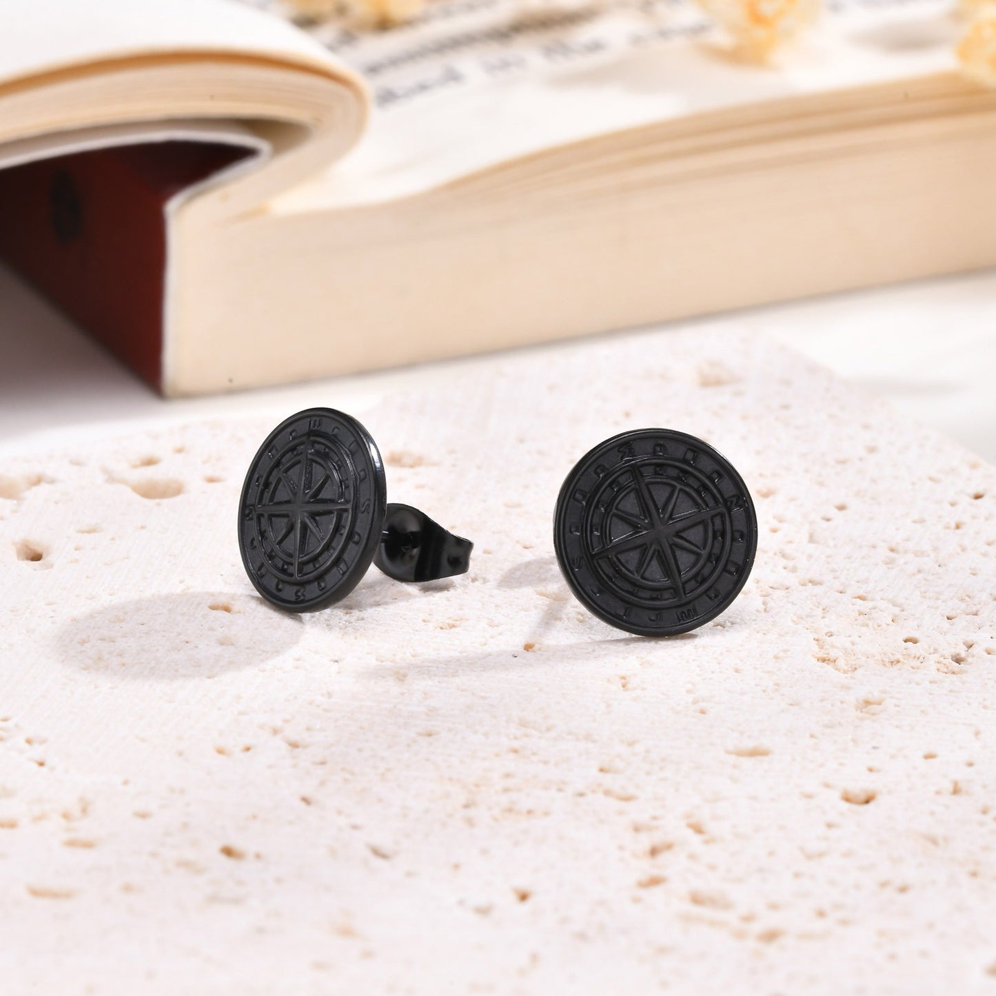 Kemstone Men’s Stainless Steel Compass Stud Earrings – Vintage Hip Hop Gold Silver Black ES-505