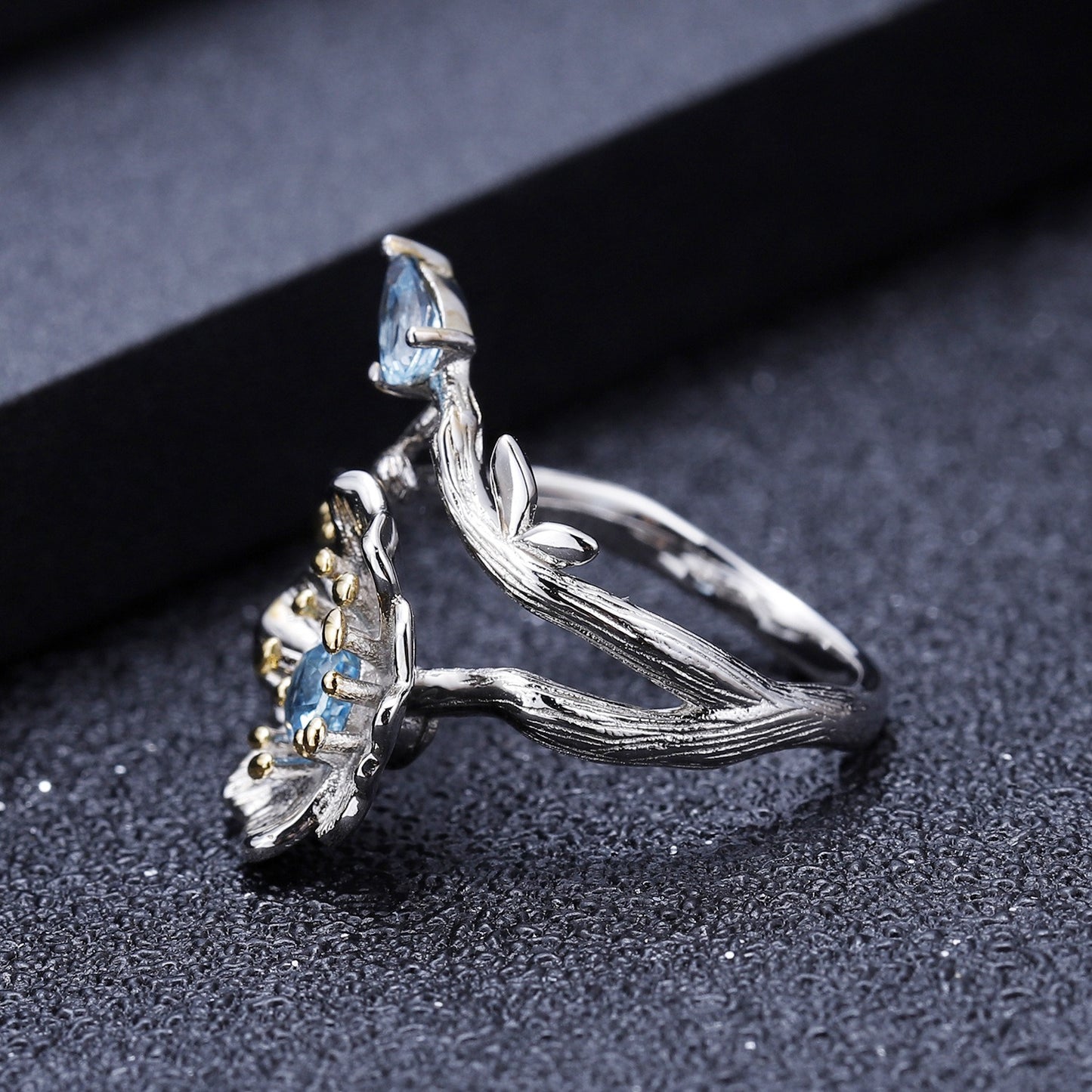 Anillo de flor de citrino natural, diseño original, hecho a mano por Kemstone, plata de ley 925. Anillo abierto de diseñador con diseño floral de topacio azul suizo.