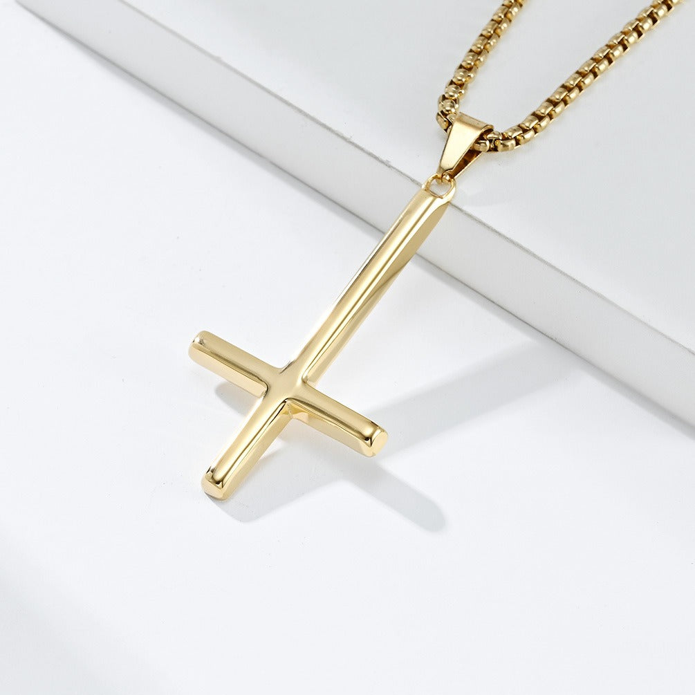 Kemstone Men’s Titanium Steel Inverted Cross Necklace – Gothic Pendant Silver/Gold/Black K-PT446