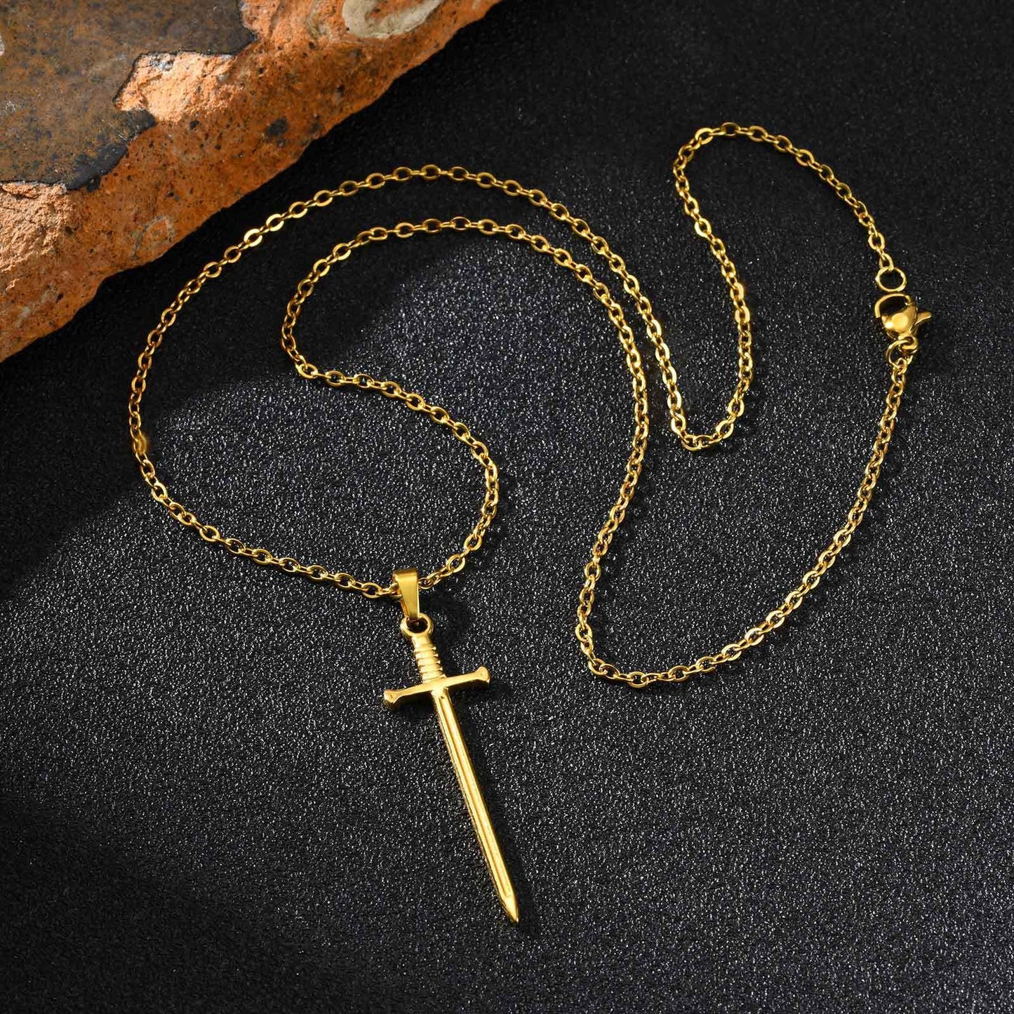 Kemstone Stainless Steel Sword Pendant Necklace for Men – Silver, Gold, Black NC-2556