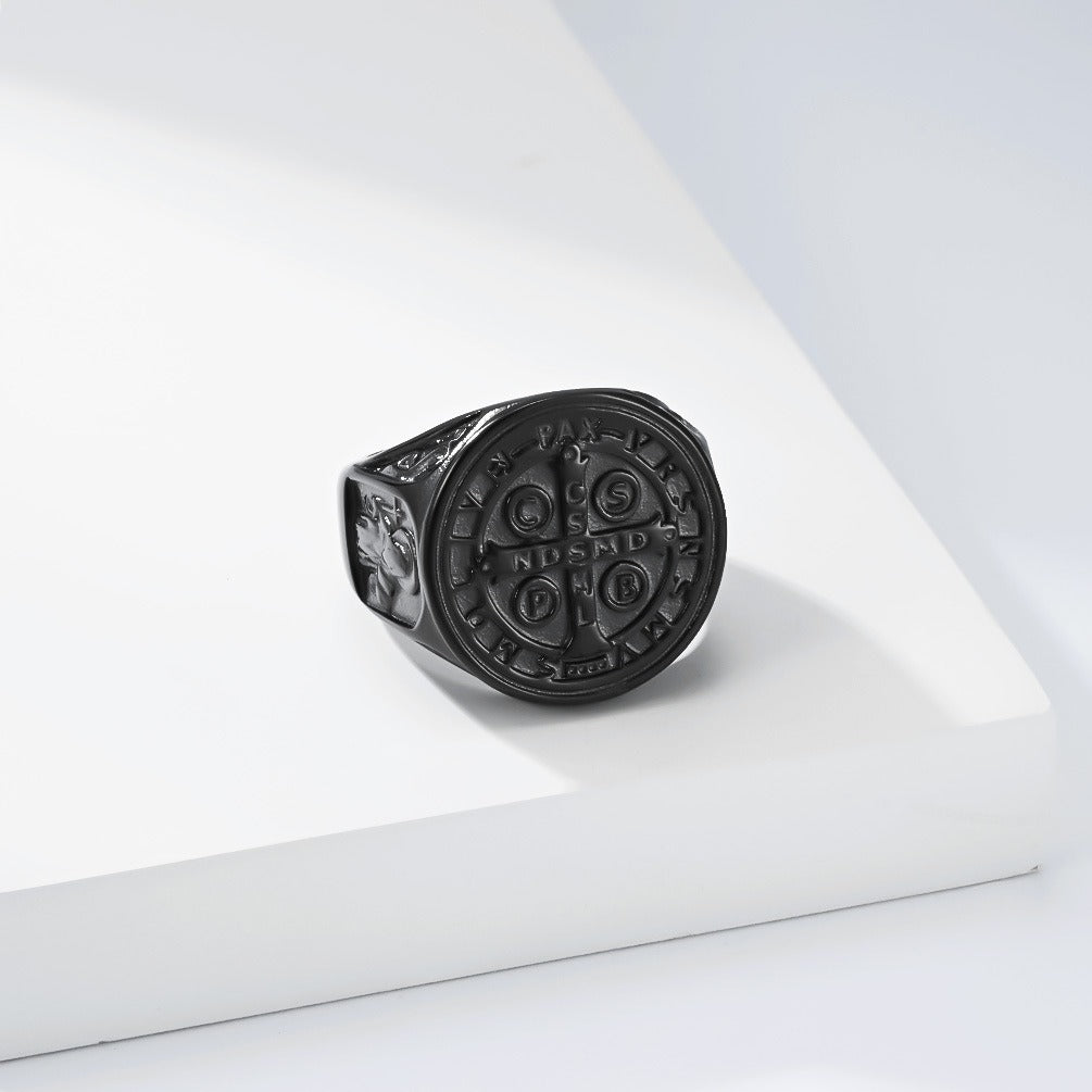 Kemstone Stainless Steel Cross Medallion Ring for Men Vintage Engraved Coin Signet Seal Symbol Silver Gold Black K-R1143