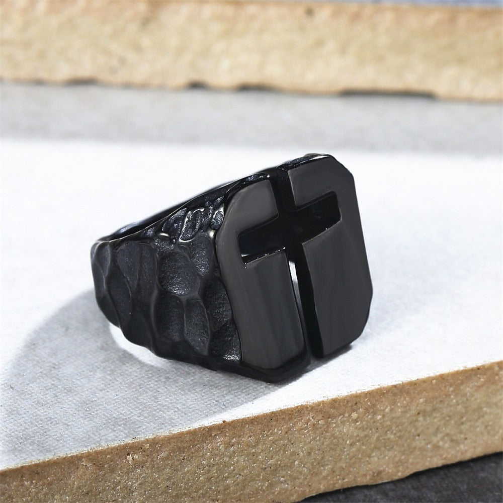 Kemston Open Cross Ring for Men Titanium Steel Vintage Texture R1015