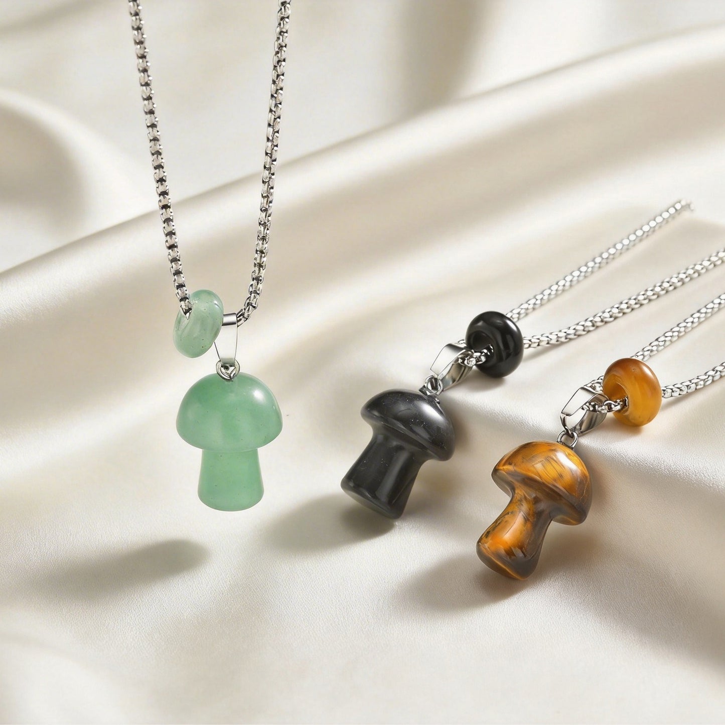 Kemstone Mushroom Pendant Necklace Natural Stone Stainless Steel for Men Women Aventurine Tiger Eye Obsidian NC2875