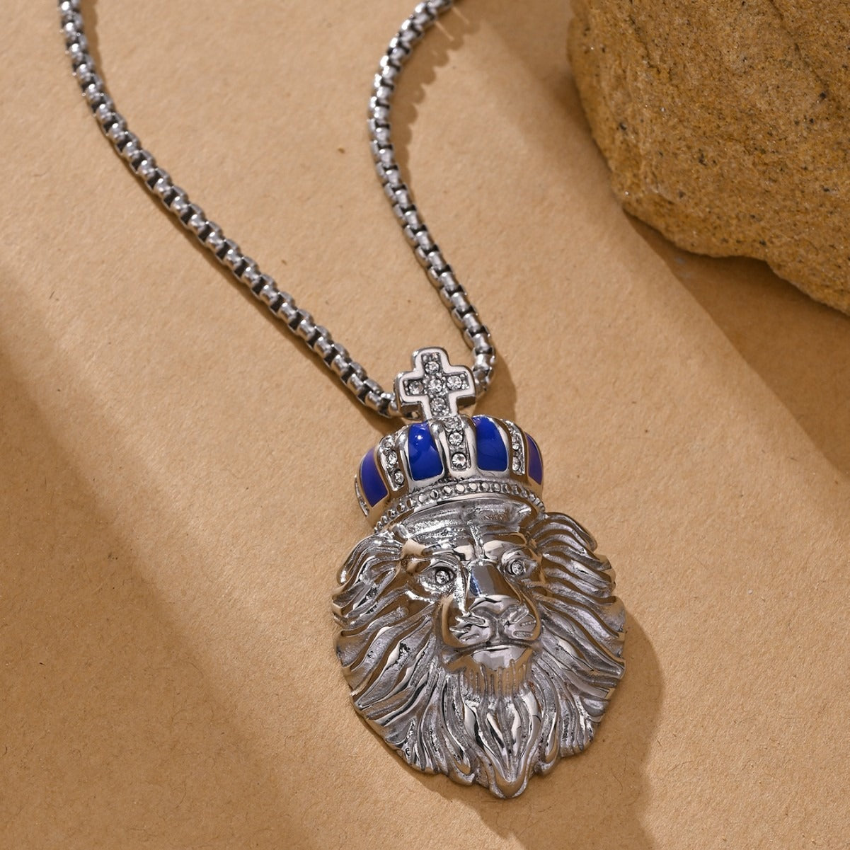 Kemston Crown Lion Pendant Necklace for Men Stainless Steel Blue Enamel Vintage Style TN1239