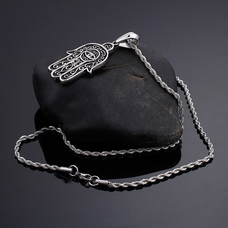 Kemstone Titanium Steel Hamsa Hand Mystic Eye Pendant Necklace for Men KP52755-BD