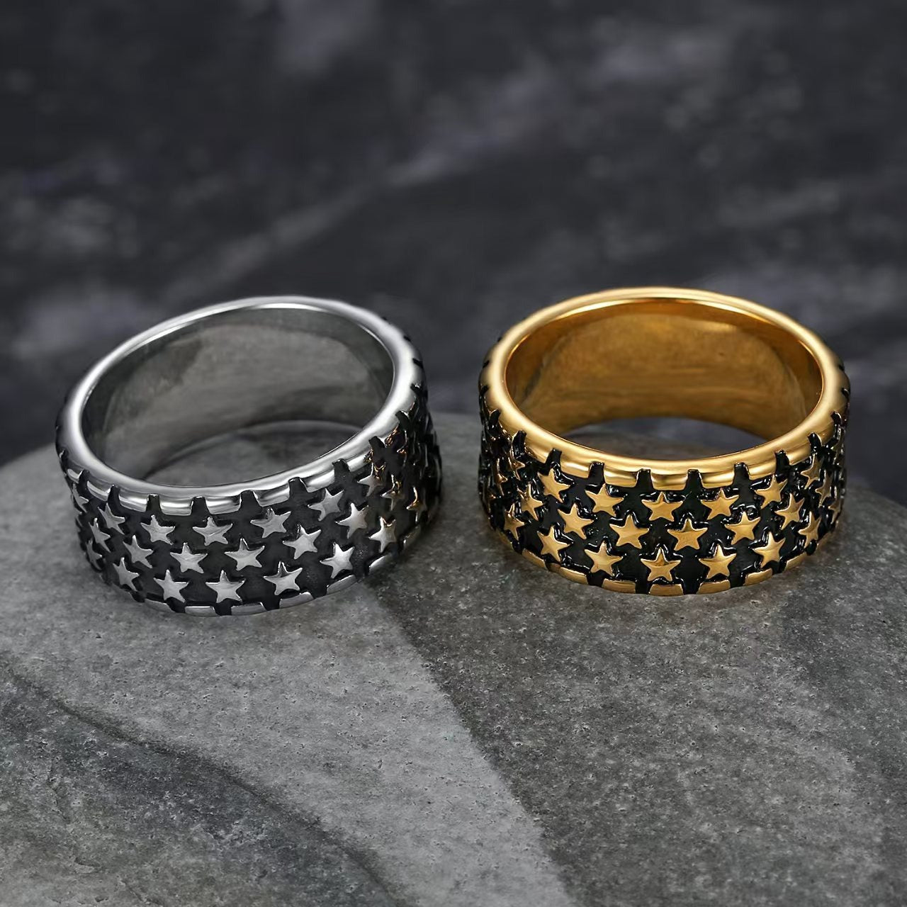 Kemstone Stainless Steel Star Ring for Men – Punk Style 10mm Wide Ring Gold/Silver TR0457