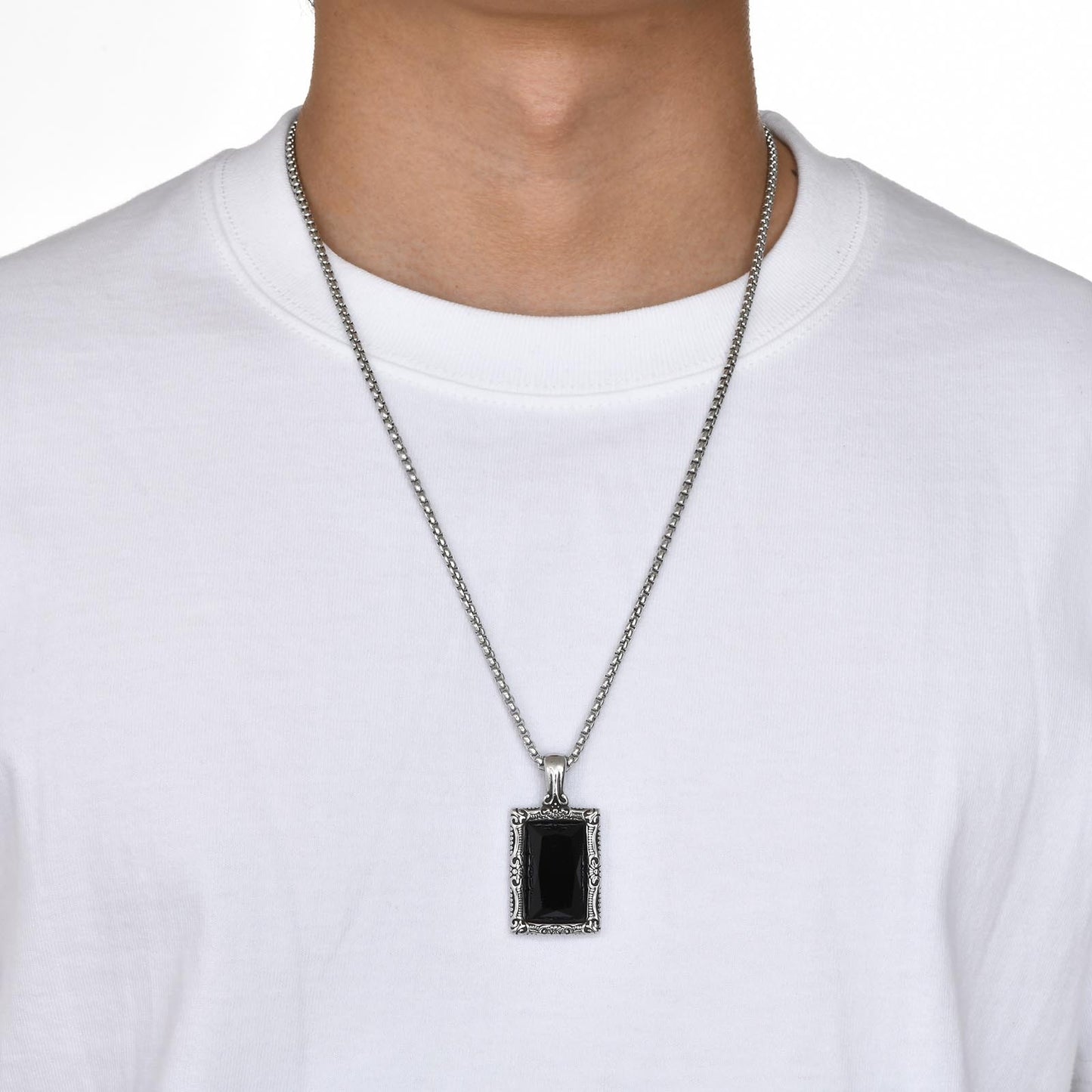 Kemstone Stainless Steel Black Glass Square Pendant Necklace for Men – Vintage Ornate Frame PN-1907