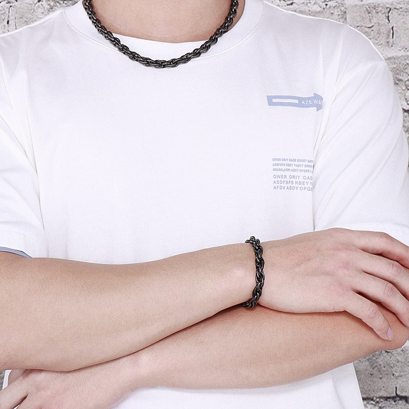 Kemstone Vintage Matte Black Titanium Steel Chunky Twisted Chain Bracelet & Necklace for Men KS141111-Z