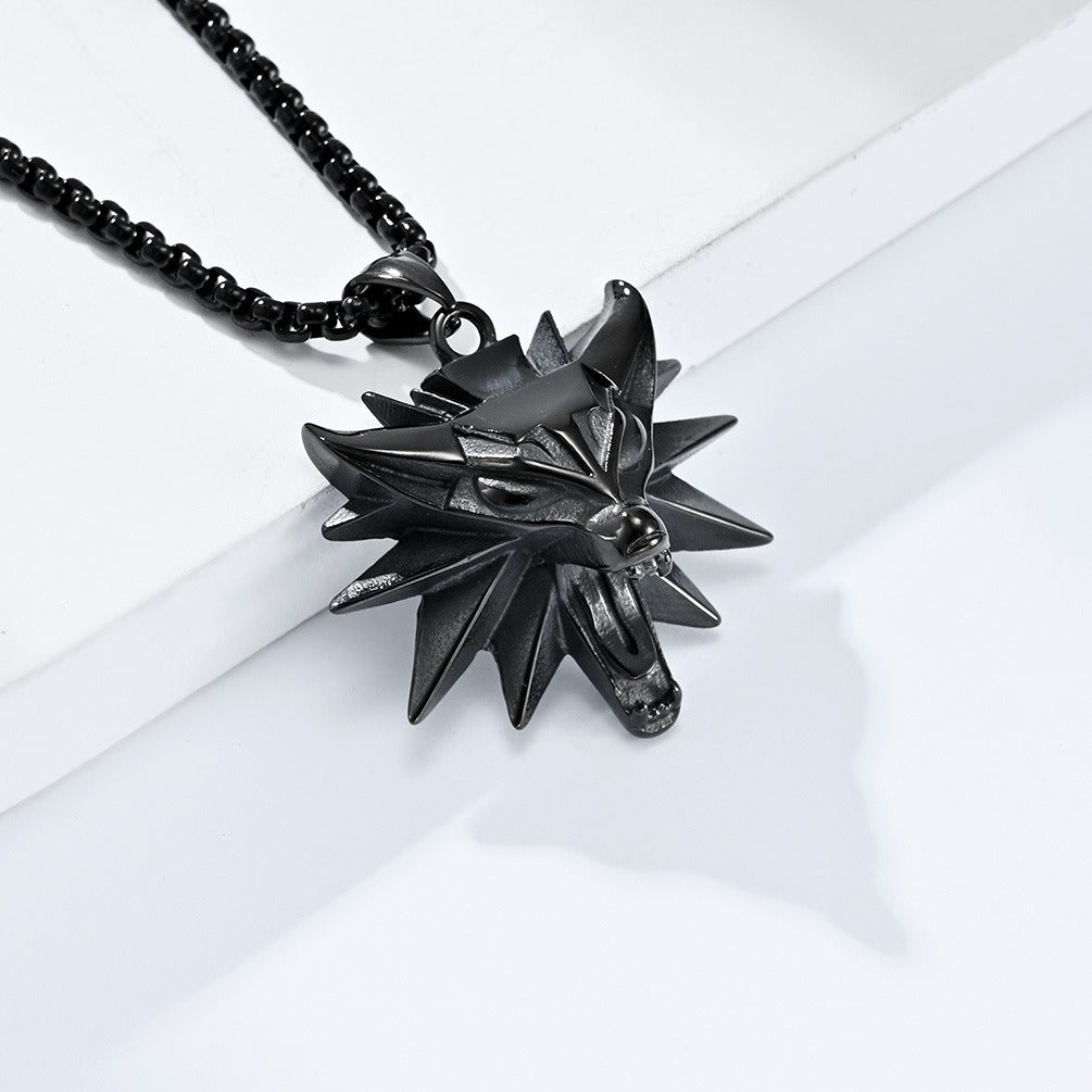 Kemstone Men’s Titanium Steel Wolf Head Pendant Necklace – Witcher Inspired K-PT552
