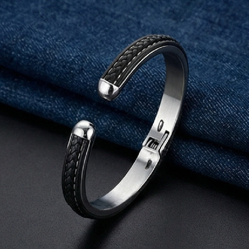 Kemstone Stainless Steel Braided Leather Open Cuff Bracelet for Men Minimalist Casual Wrist Bangle KB97554-BD