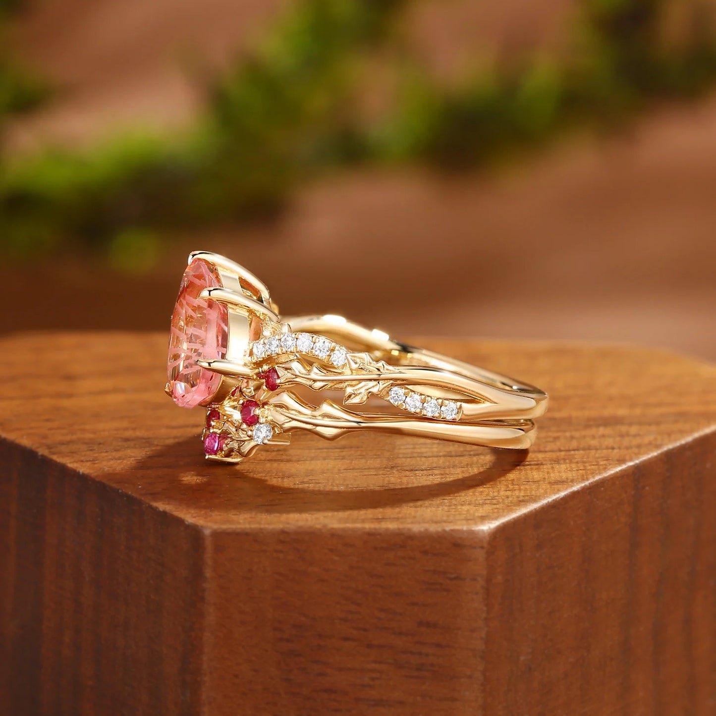 Kemstone Pink Sapphire Floral Ring Set for Women – Pear Shaped Gemstone Stackable Ring in S925 Sterling Silver 18K Gold Plated T7-YC0324RS