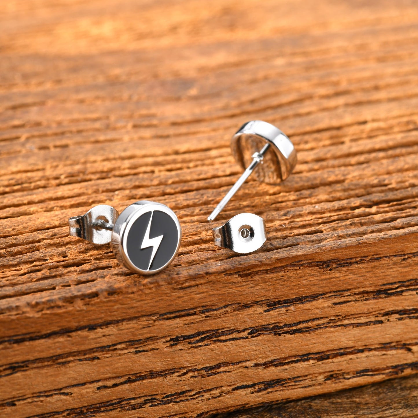 Kemstone Lightning Stud Earrings for Men Stainless Steel Black Enamel Round Stud 2PCS ES-751S