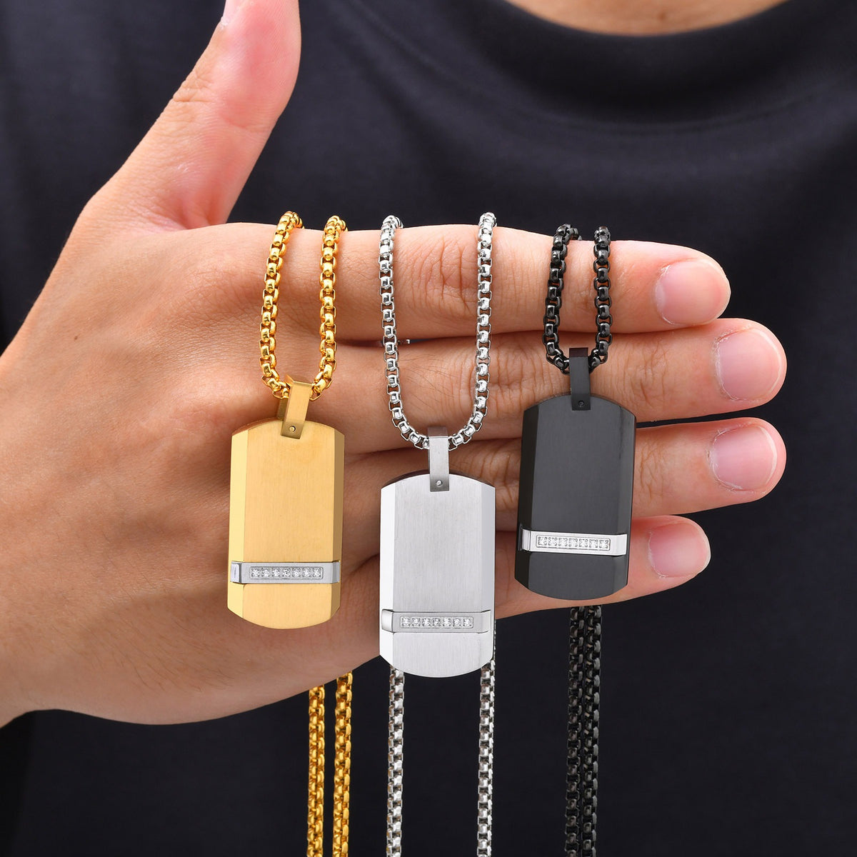 Kemstone Black Rectangular Pendant Necklace for Men Stainless Steel Cubic Zirconia Detail Punk Style PN-240